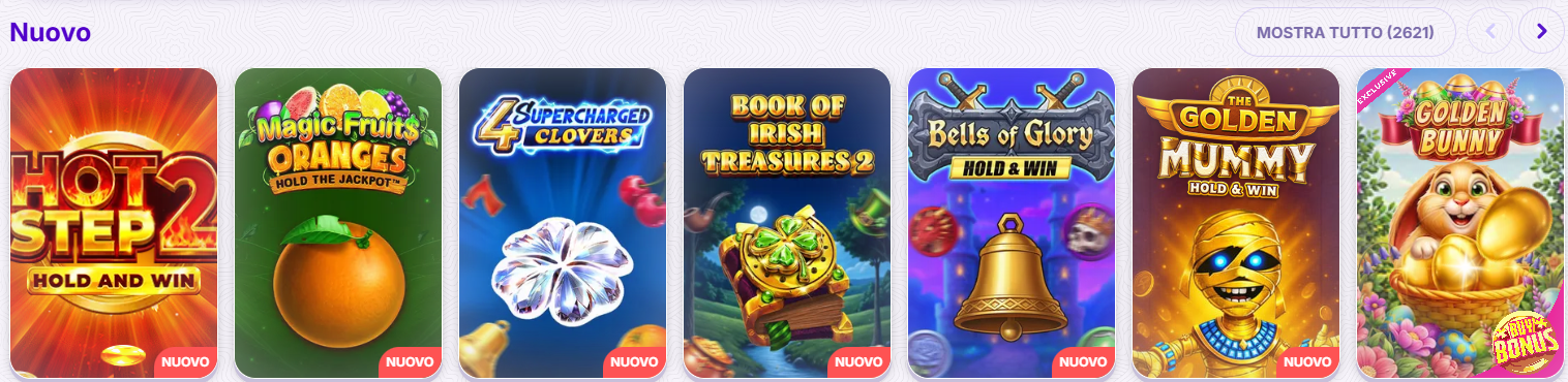 “Nuovo” (New) casino games section showing a horizontal carousel of slot thumbnails, including Hot Step 2, Magic Fruits Oranges, 4 Supercharged Clovers, Book of Irish Treasures 2, Bells of Glory, Golden Mummy, and Golden Bunny, each labeled as new.