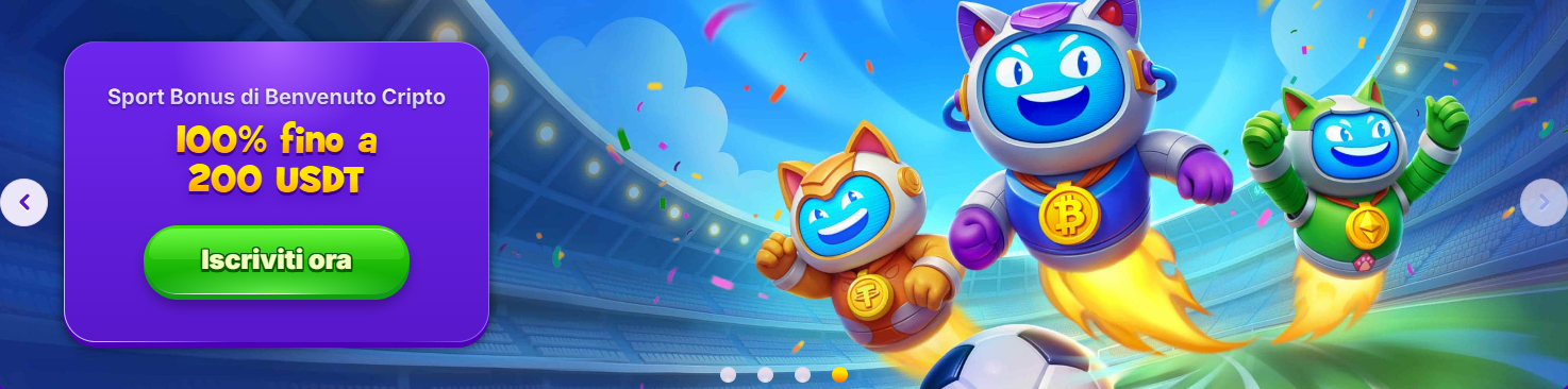 Italian casino banner featuring RoboCat characters with Bitcoin symbols flying across a stadium, alongside a purple promo box advertising a crypto sports welcome bonus of 100% up to 200 USDT and a green “Iscriviti ora” call-to-action button.