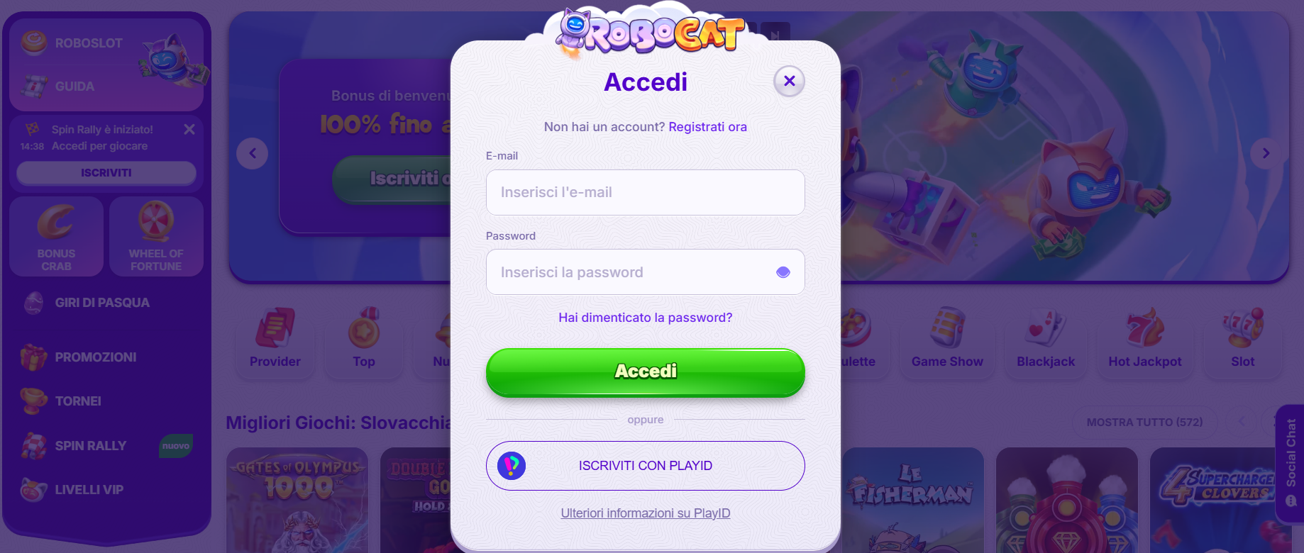 Italian-language login popup for RoboCat casino with email and password fields, a green “Accedi” button, a PlayID registration option, and a blurred casino homepage background.