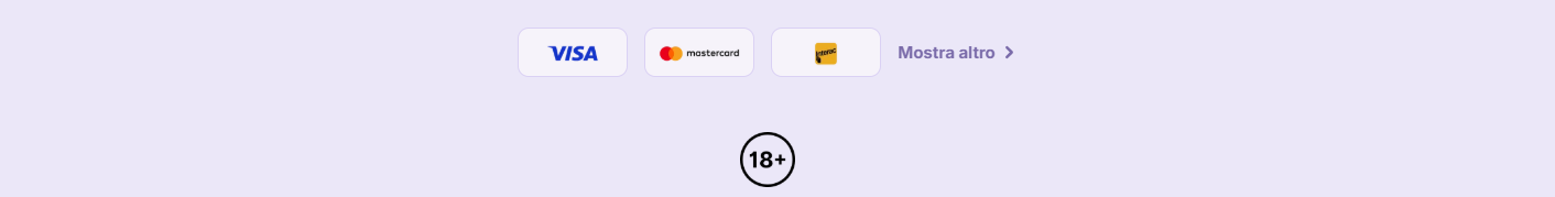 Casino footer with Visa, Mastercard, and Jeton payment icons, an Italian “Show more” link, and an 18+ age restriction badge on a light grey background.